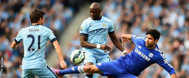 Defender Eliaquim Mangala, centre, made his first Premier League start for Manchester City since joining in the summer