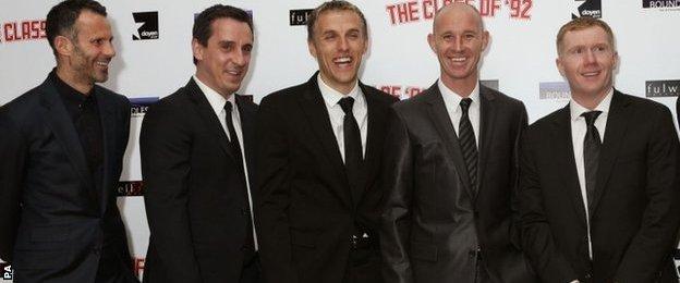 (l-r) Ryan Giggs, Gary Neville, Phil Neville, Nicky Butt and Paul Scholes