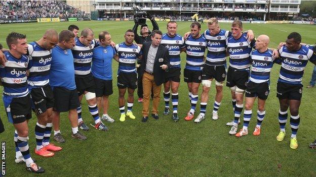 Bath director of rugby Mike Ford debriefs his side after their 45-0 win over Leicester