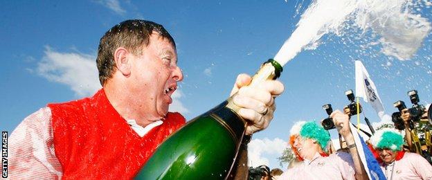 Ian Woosnam sprays a bottle of Champagne after Europe's victory in 2006