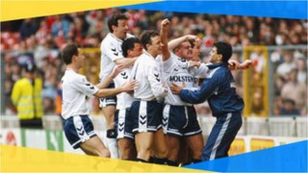 Tottenham's Paul Gascoigne celebrates his 1991 FA Cup semi-final free-kick