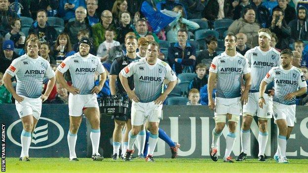 Cardiff Blues look on as Leinster add to their score advantage