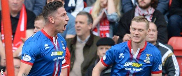Josh Meekings (left) celebrates after opening the scoring for Caley Thistle
