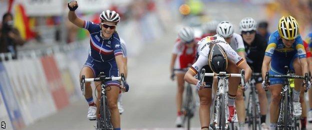 Ferrand Prevot (left) won the title by the narrowest of margins from Brennauer (centre) and Johansson (right)