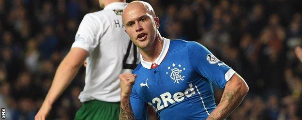 Nicky Law celebrates his goal for Rangers