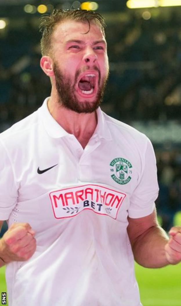 Hibs defender Jordon Forster shows his delight at the final whistle
