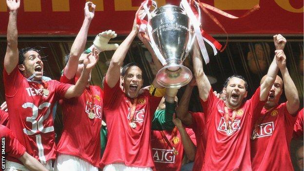 Manchester United players hold aloft the Champions League trophy after winning the tournament in 2008