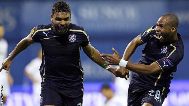 El Arabi Hilal Soudani and Wilson Eduardo celebrate for Dinamo Zagreb