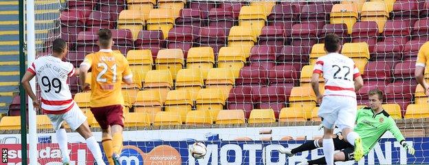 Mickael Antoine-Curier nets the third goal in Hamilton's 4-0 derby win over Motherwell