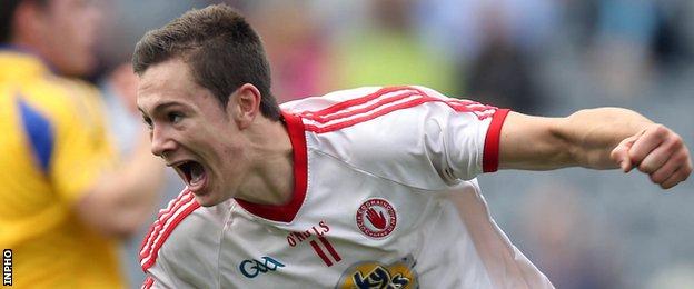 Conor McKenna of Tyrone celebrates scoring his side's first goal in the 2013 All-Ireland Minor Championship semi-final win over Roscommon