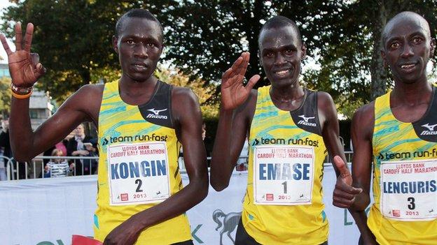 2013 Cardiff Half Marathon winner Loitarakwai Lengurisi (right) with Peter Emase-Lemuya (centre) and Boniface Kongin (left)