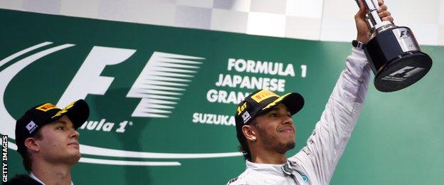 Lewis Hamilton with the winners trophy