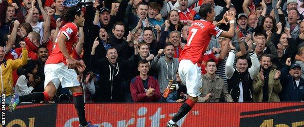 Angel Di Maria celebrates scoring for Manchester United against Everton