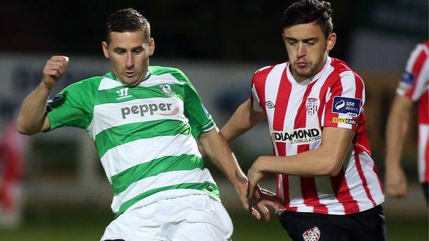 Ryan Brennan of Shamrock Rovers in action against Derry City's Dean Jarvis