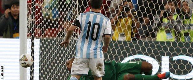 Argentina's Lionel Messi saw a first-half penalty saved, his third miss from the spot in his last four attempts