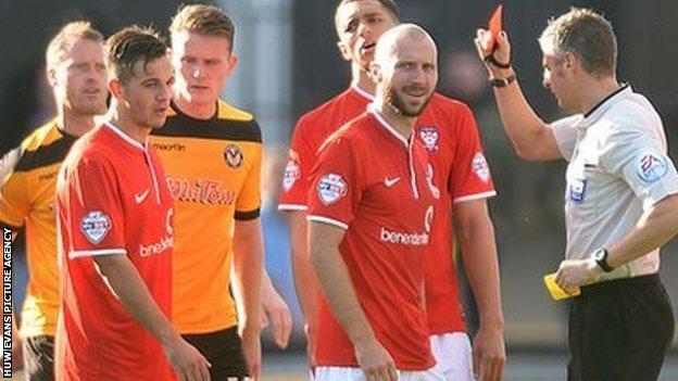 York City's Russell Penn is sent off against Newport County