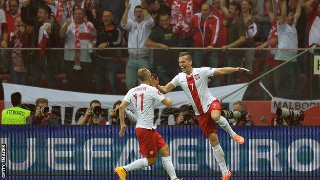 Poland's forward Arkadiusz Milik celebrates scoring against Germany with team-mate Kamil Grosicki