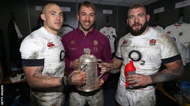 Mike Brown, Chris Robshaw and Joe Marler with the Calcutta Cup