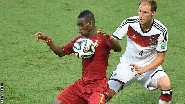 Ghana international Christian Atsu (left) playing n the World Cup against Germany