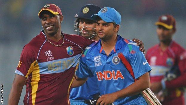West Indies' Dwayne Bravo and India's Suresh Raina
