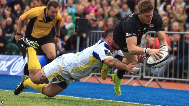 David Strettle dives over for the second of his spectacular brace of tries