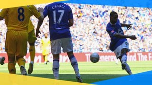 Everton's Louis Saha scores against Chelsea in the 2010 FA Cup final