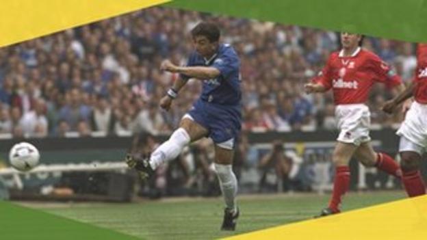 Chelsea's Roberto Di Matteo scores in the 1997 FA Cup final against Middlesbrough