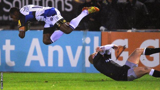 Semesa Rokoduguni flies through the air after blasting through the tackle of Newcastle's Tom Catterick