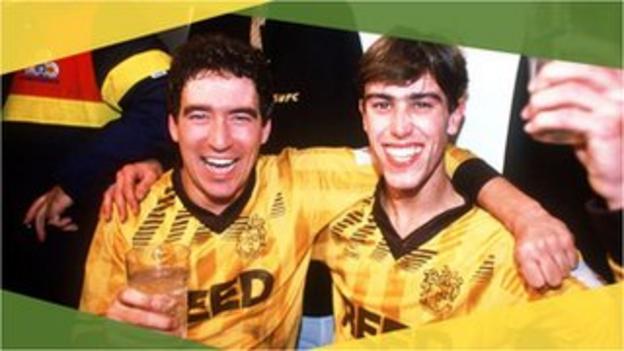 Sutton United's Tony Rains and Matthew Hanlan celebrate their 1989 FA Cup third round win against Coventry