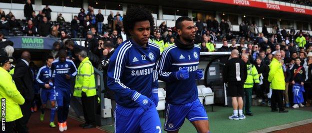 Ashley Cole and Willian both wearing gloves for Chelsea