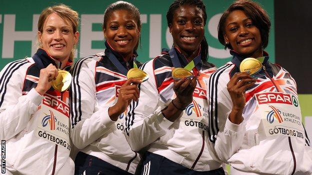 Great Britain's women's 4 x 400m gold medallists at the 2013 European Indoor Athletics Championships