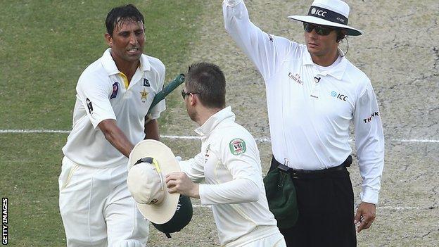 Pakistan's Younus Khan is congratulated by Australia captain Michael Clarke