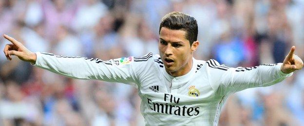 Real Madrid forward Cristiano Ronaldo celebrates scoring a penalty against Barcelona