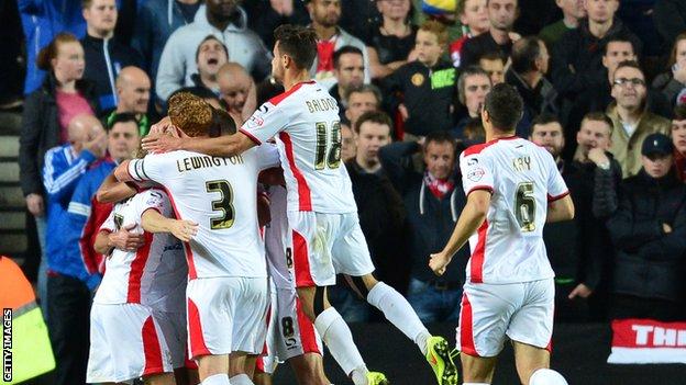 MK Dons celebrate during win over Manchester United