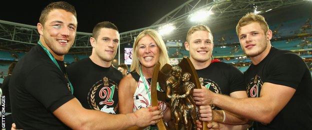 Sam Burgess with (left to right) brother Luke, mother Julie and brothers George and Thomas