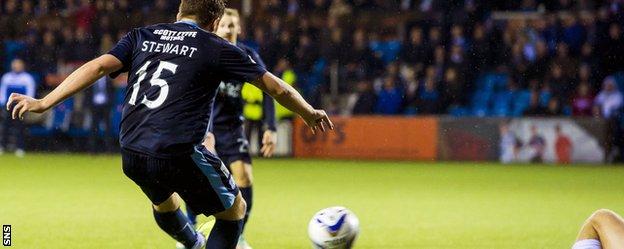 Greg Stewart applies the finish to make it 3-1 to Dundee as they see of Kilmarnock at Rugby Park