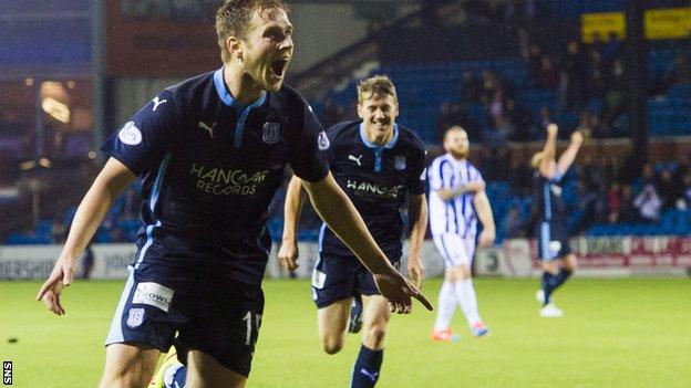 Greg Stewart celebrates after scoring late on to make it 3-1 to Dundee at Rugby Park