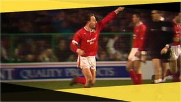 Wrexham's Mickey Thomas celebrates his free-kick against Arsenal in the 1992 FA Cup