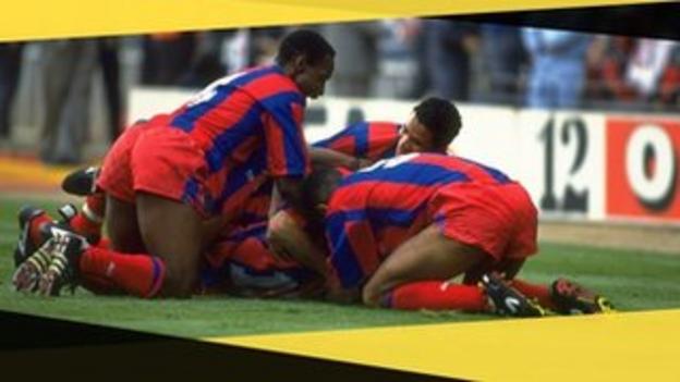 Crystal Palace's Ian Wright celebrates a goal in the 1991 FA Cup final