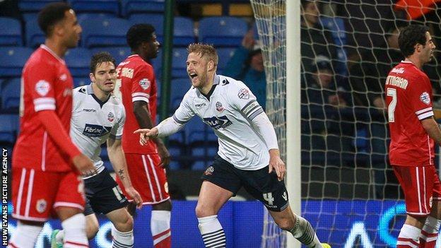 Bolton's Liam Feeney celebrates scoring against Cardiff City