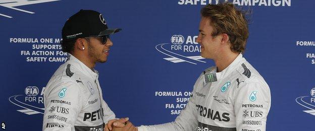 Lewis Hamilton and Nico Rosberg shake hands after the Brazilian Grand Prix