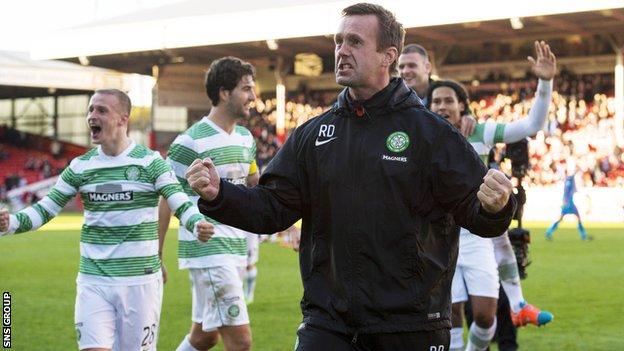 Ronny Deila joined in the post-match celebrations at Pittodrie