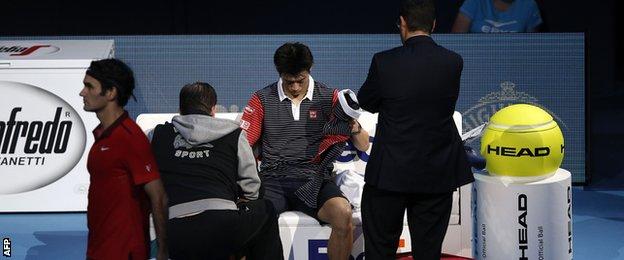 Nishikori needed the trainer to strap up his right wrist after the first set