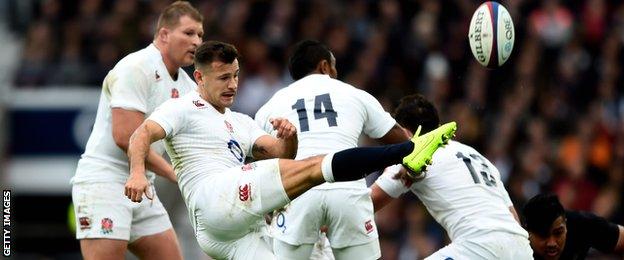 Danny Care box kicks for England in the 24-21 defeat by New Zealand