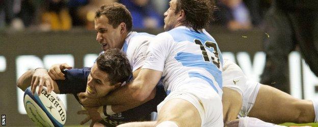 Sean Maitland scores a try for Scotland against Argentina last weekend