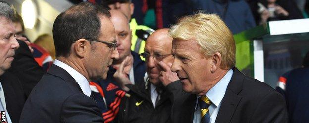 Republic of Ireland manager Martin O'Neill greets Scotland counterpart Gordon Strachan
