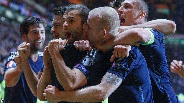Scotland celebrate Shaun Maloney's goal