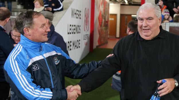 Dublin manager Jim Gavin greets Ulster's Joe Kernan before the game held to raise funds for the MND Association for research and patient care