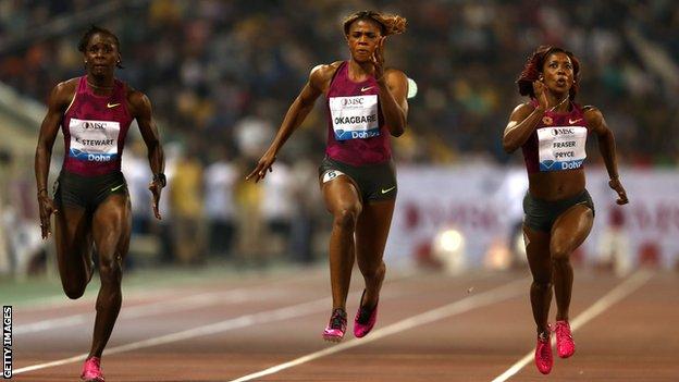 Shelly-Ann Fraser-Price (right) wins the women's 100m at the 2014 Doha Diamond League meet