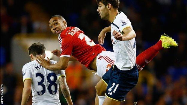 Dexter Blackstock (centre) in action against Tottenham in the League Cup in September